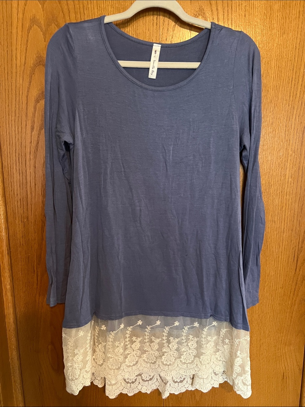 Vanilla Bay Periwinkle Blue Long Sleeve Tunic with Ivory Lace Hem